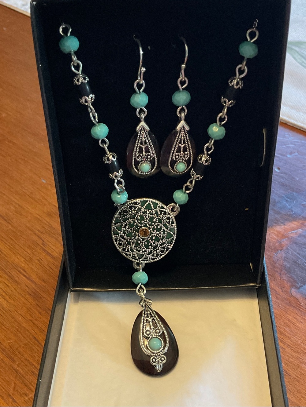 Avon Silver-Tone Filigree Necklace and Earring Set with Turquoise Beads